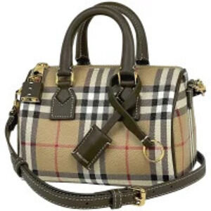 Burberry Check Bowling Bag Shoulder Handbag Canvas Brown White